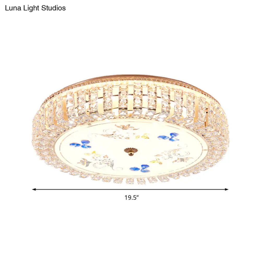 Golden Drum Flushmount Lighting: Modern Crystal And Glass Multi Light Ceiling Lamp (16/19.5 W) With