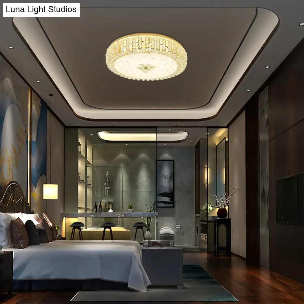 Golden Drum Flushmount Lighting: Modern Crystal And Glass Multi Light Ceiling Lamp (16/19.5 W) With
