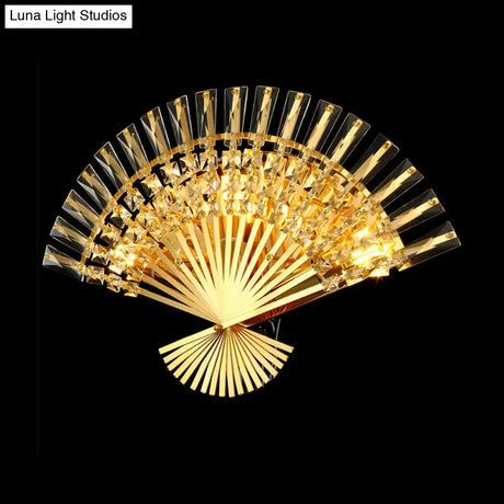 Golden Fan Sconce Lamp: Vintage Style With 3 Lights Clear Crystal Decoration