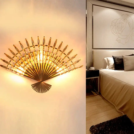 Golden Fan Sconce Lamp: Vintage Style With 3 Lights Clear Crystal Decoration Gold