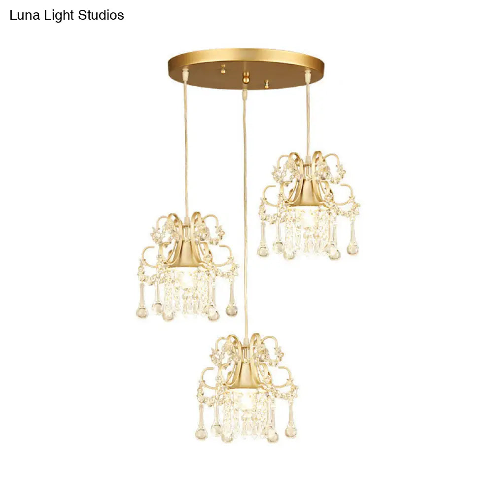 Golden Flared Semi Flush Mount Traditional 3-Light Dining Room Ceiling Fixture With Crystal Draping