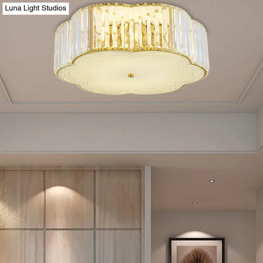 Golden Flower Flush Led Pendant Light With Modern Clear Crystal Design And Acrylic Diffuser -