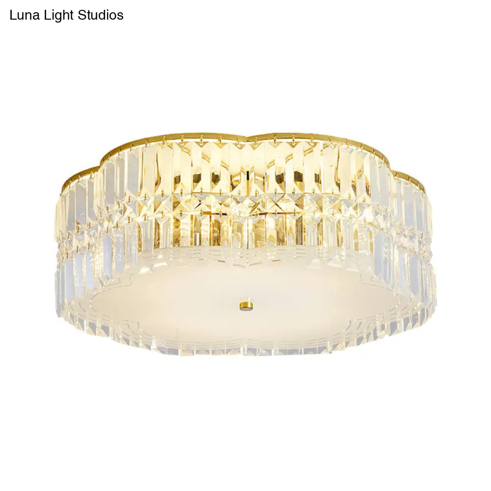 Golden Flower Flush Led Pendant Light With Modern Clear Crystal Design And Acrylic Diffuser -