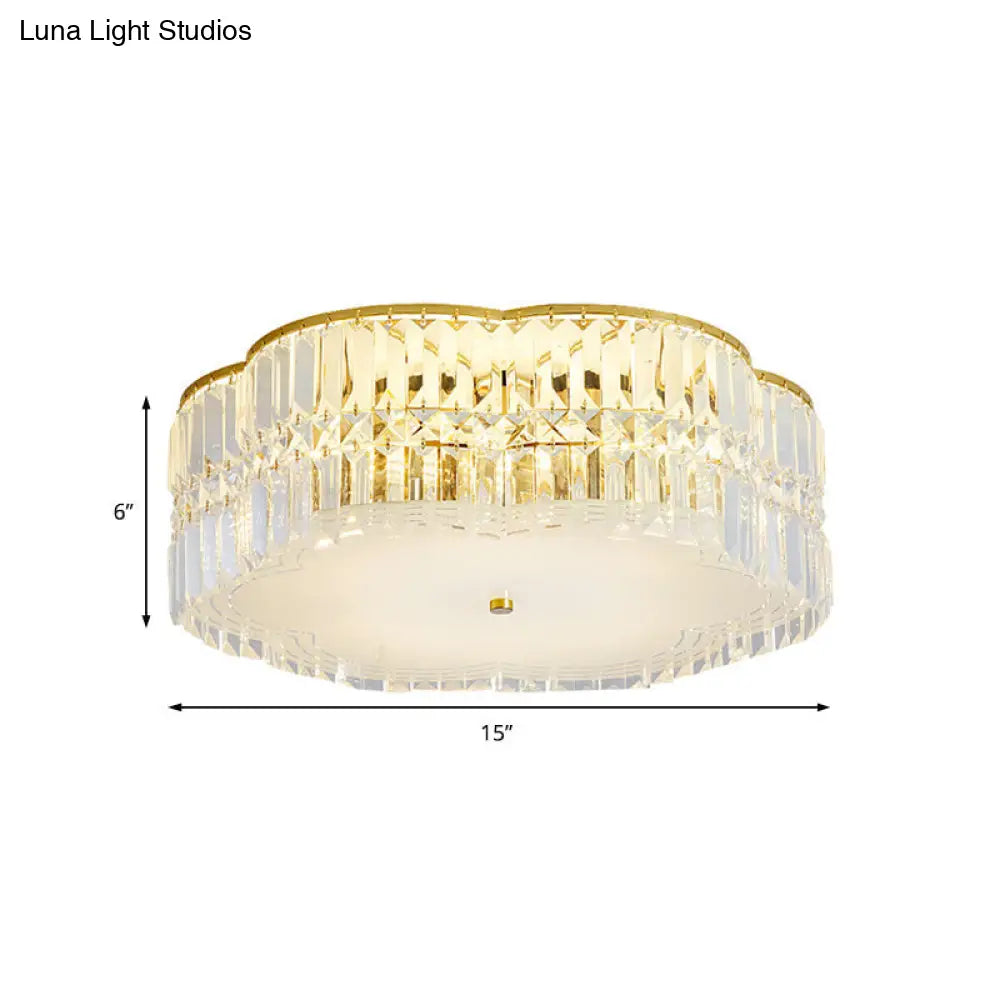 Golden Flower Flush Led Pendant Light With Modern Clear Crystal Design And Acrylic Diffuser -