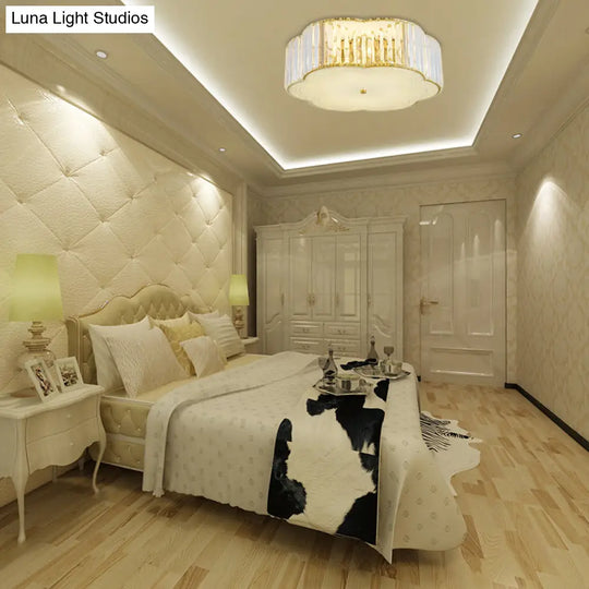 Golden Flower Flush Led Pendant Light With Modern Clear Crystal Design And Acrylic Diffuser -