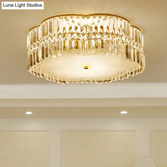 Golden Flower Flush Led Pendant Light With Modern Clear Crystal Design And Acrylic Diffuser -