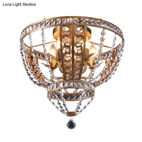 Golden Flushmount Light With 5 Crystal Swag Heads - Farmhouse Bowl Frame Ceiling Fixture