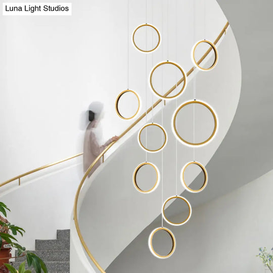 Golden Led Suspension Pendant Light - Sleek Metallic Halo Design For Stairways