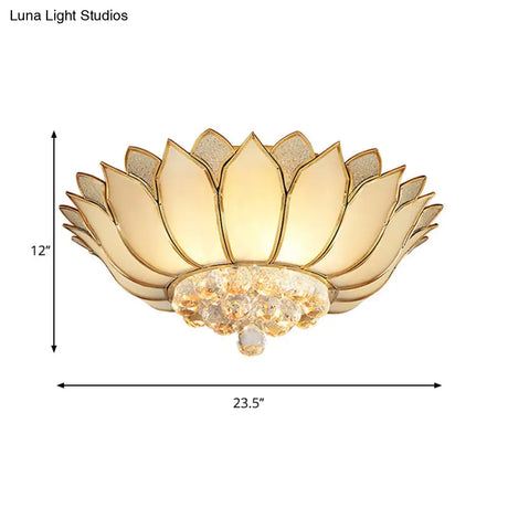 Golden Lotus Flush Mount Light - Traditional Glass Ceiling Lamp With Crystal Drop