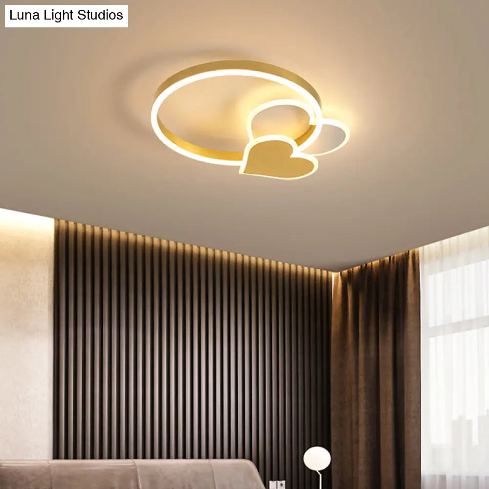 Golden Love Led Flush Mount Ceiling Light For Bedroom - Minimalist Acrylic Design With Metal Ring