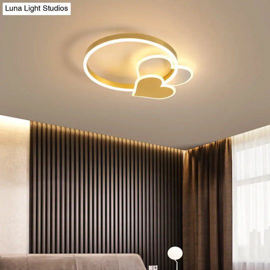 Golden Love Led Flush Mount Ceiling Light For Bedroom - Minimalist Acrylic Design With Metal Ring