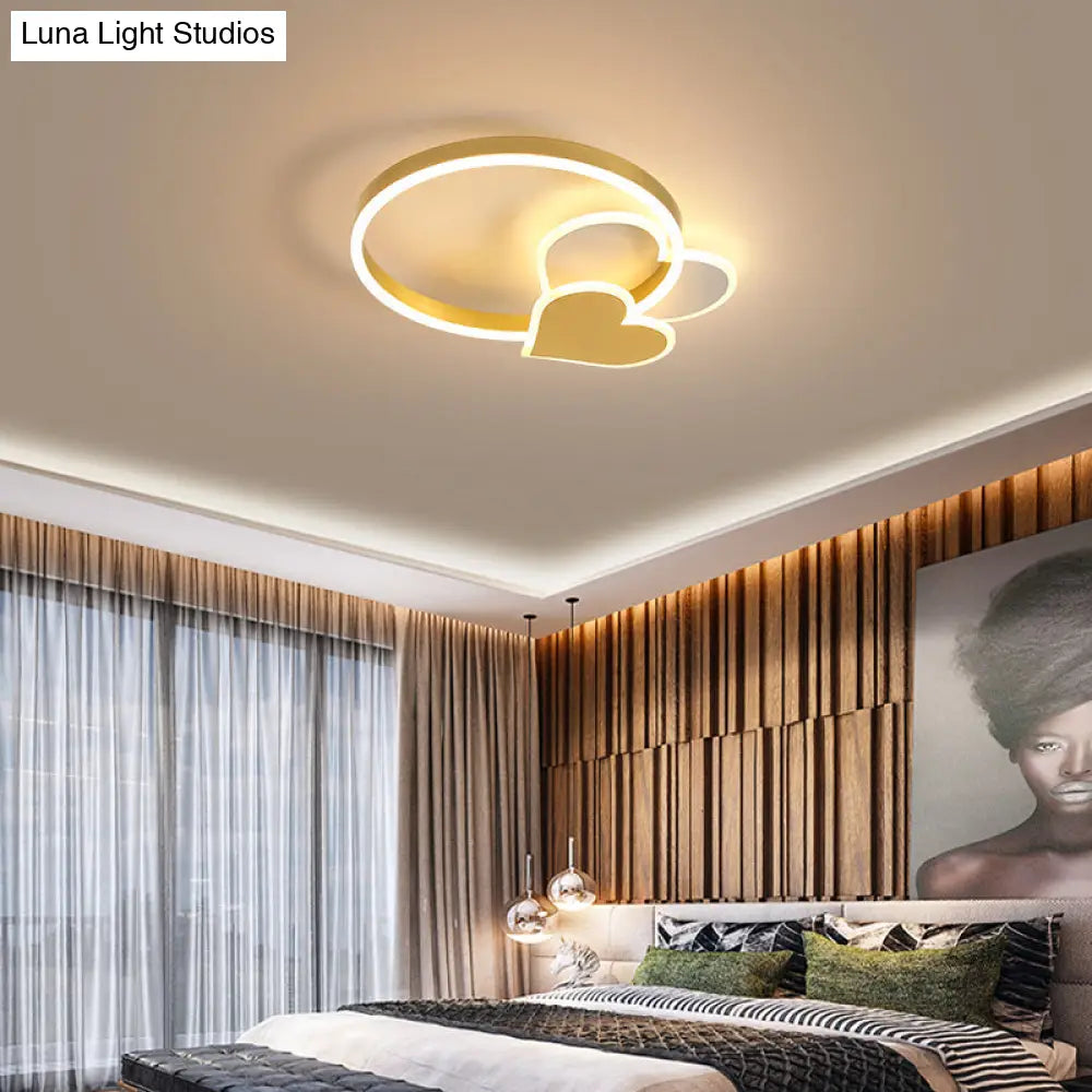 Golden Love Led Flush Mount Ceiling Light For Bedroom - Minimalist Acrylic Design With Metal Ring