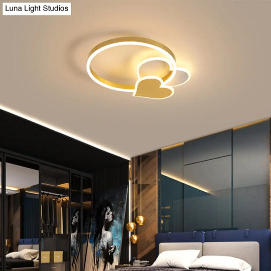 Golden Love Led Flush Mount Ceiling Light For Bedroom - Minimalist Acrylic Design With Metal Ring