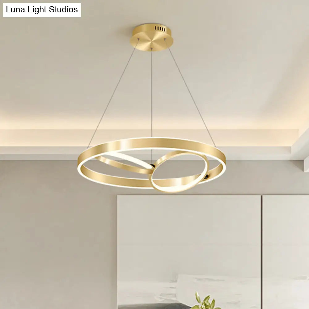 Golden Metallic Led Chandelier Light For Dining Room - Simplicity 3-Ring Ceiling Hang Fixture