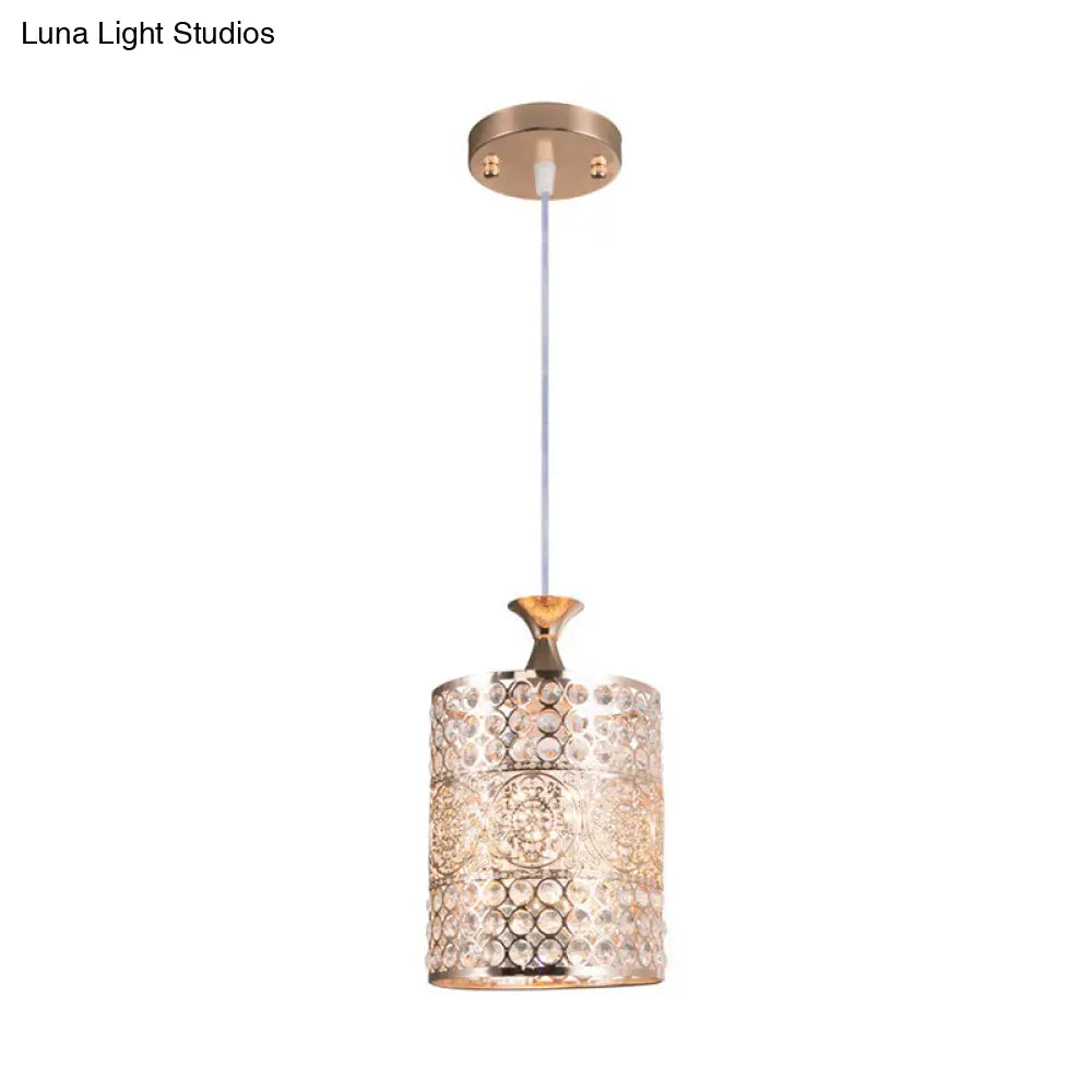 Modernist Golden Cylinder Pendant Ceiling Light With Crystal Decoration 6/7 Width