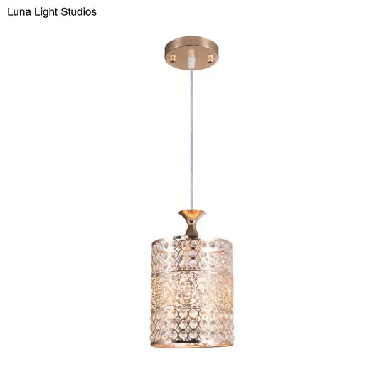 Modernist Golden Cylinder Pendant Ceiling Light With Crystal Decoration 6/7 Width