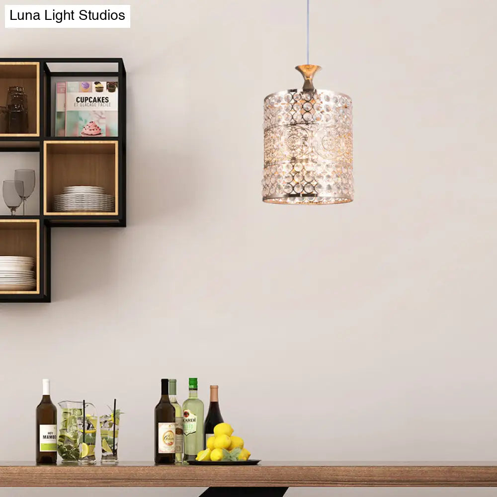 Modernist Golden Cylinder Pendant Ceiling Light With Crystal Decoration 6/7 Width