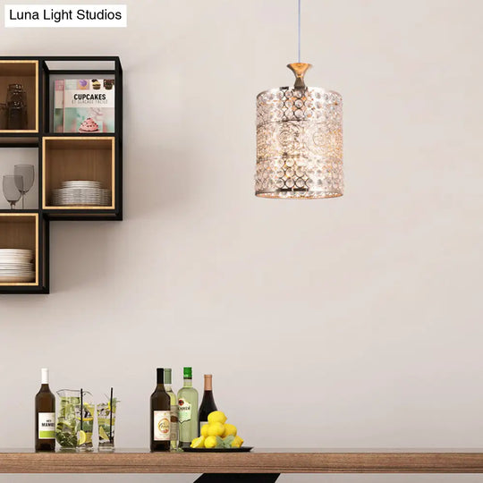 Modernist Golden Cylinder Pendant Ceiling Light With Crystal Decoration 6/7 Width