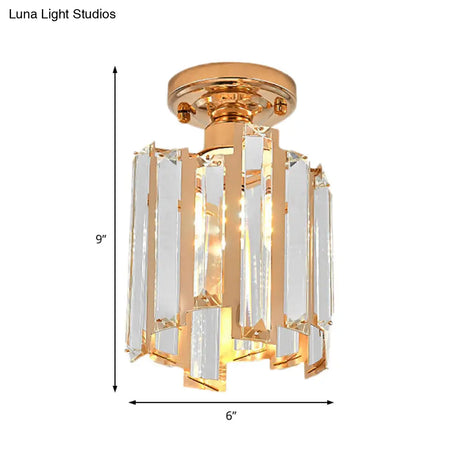 Golden Semi Flush Cylinder Ceiling Light With Crystal Block - Contemporary Gold Fixture