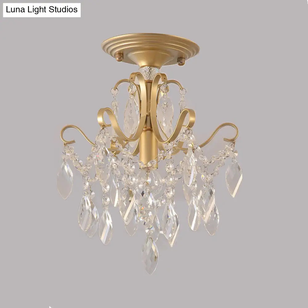 Golden Semi Flush Mount Light With Crystal Droplet - Traditional Bent Arm Design