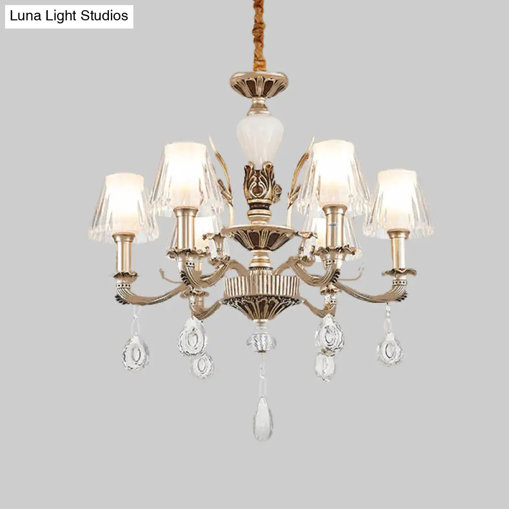 Golden Traditional 6-Light Chandelier With Cone Faceted Crystals - Hanging Lamp Fixture Kit