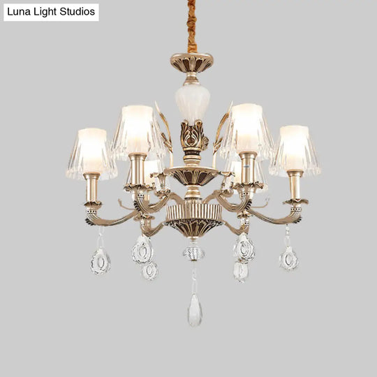 Golden Traditional 6-Light Chandelier With Cone Faceted Crystals - Hanging Lamp Fixture Kit