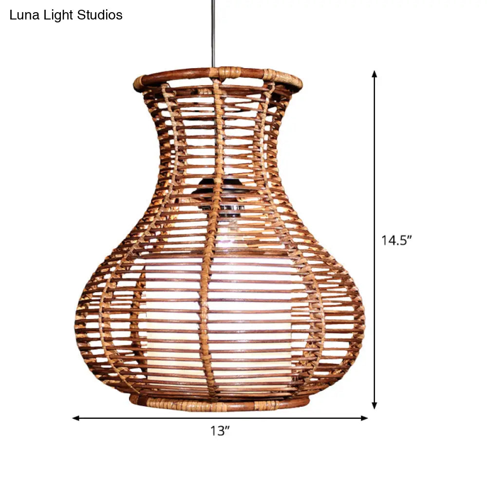 Gourd Hanging Light: Chinese Bamboo Pendant Fixture (1 Head Brown) - Ideal For Living Room