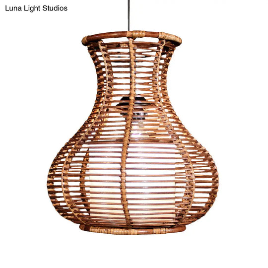 Gourd Hanging Light: Chinese Bamboo Pendant Fixture (1 Head Brown) - Ideal For Living Room