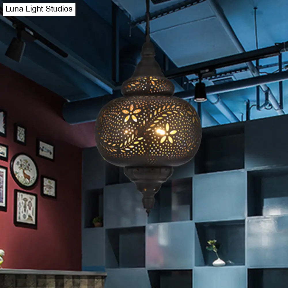 Gourd Hanging Light: Traditional Metal Pendant Fixture In Black 10/12 Wide