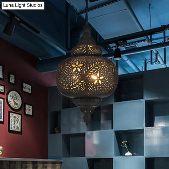 Gourd Hanging Light: Traditional Metal Pendant Fixture In Black 10/12 Wide