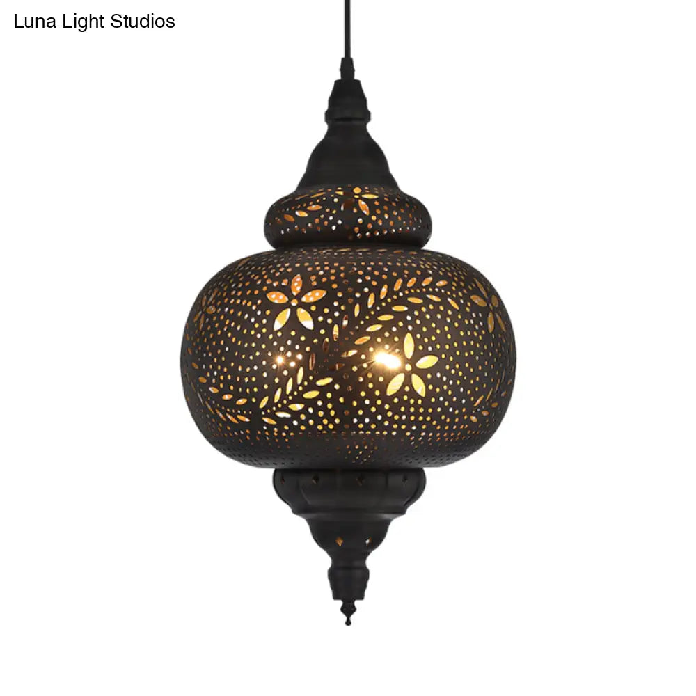 Gourd Hanging Light: Traditional Metal Pendant Fixture In Black 10/12 Wide