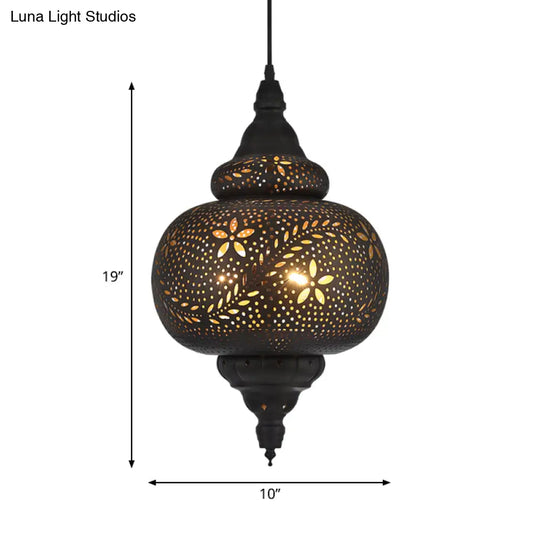 Gourd Hanging Light: Traditional Metal Pendant Fixture In Black 10/12 Wide
