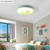 Green Acrylic Circular Ceiling Light With Playful Bear Macaron Lamp For Boys’ Bedroom