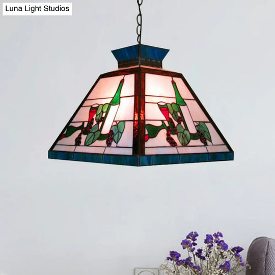 Tiffany-Style Art Glass Pendant Light: Single Head Trapezoid Fixture In Green And White