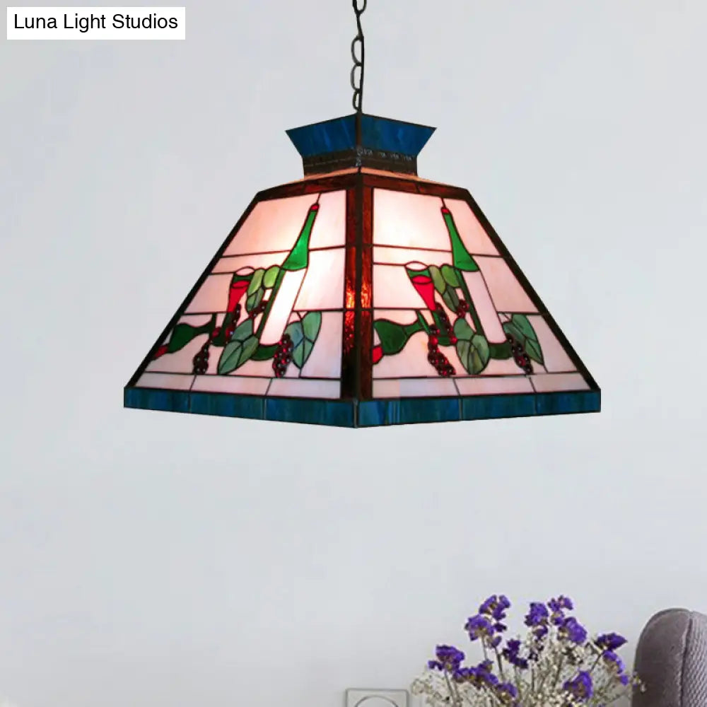 Green And White Stained Glass Tiffany-Style Pendant Light - Single Head Trapezoid Fixture