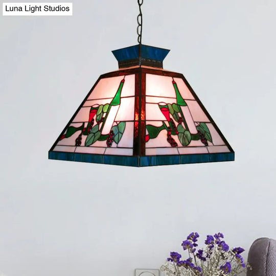 Green And White Stained Glass Tiffany-Style Pendant Light - Single Head Trapezoid Fixture