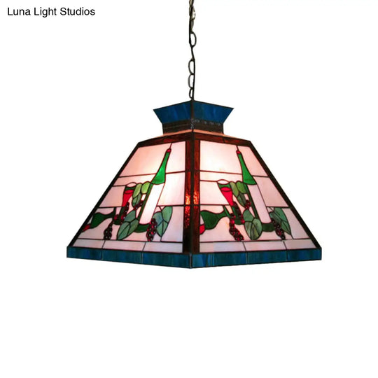 Tiffany-Style Art Glass Pendant Light: Single Head Trapezoid Fixture In Green And White