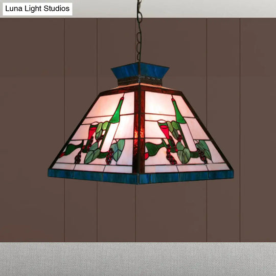 Tiffany-Style Art Glass Pendant Light: Single Head Trapezoid Fixture In Green And White Green-White