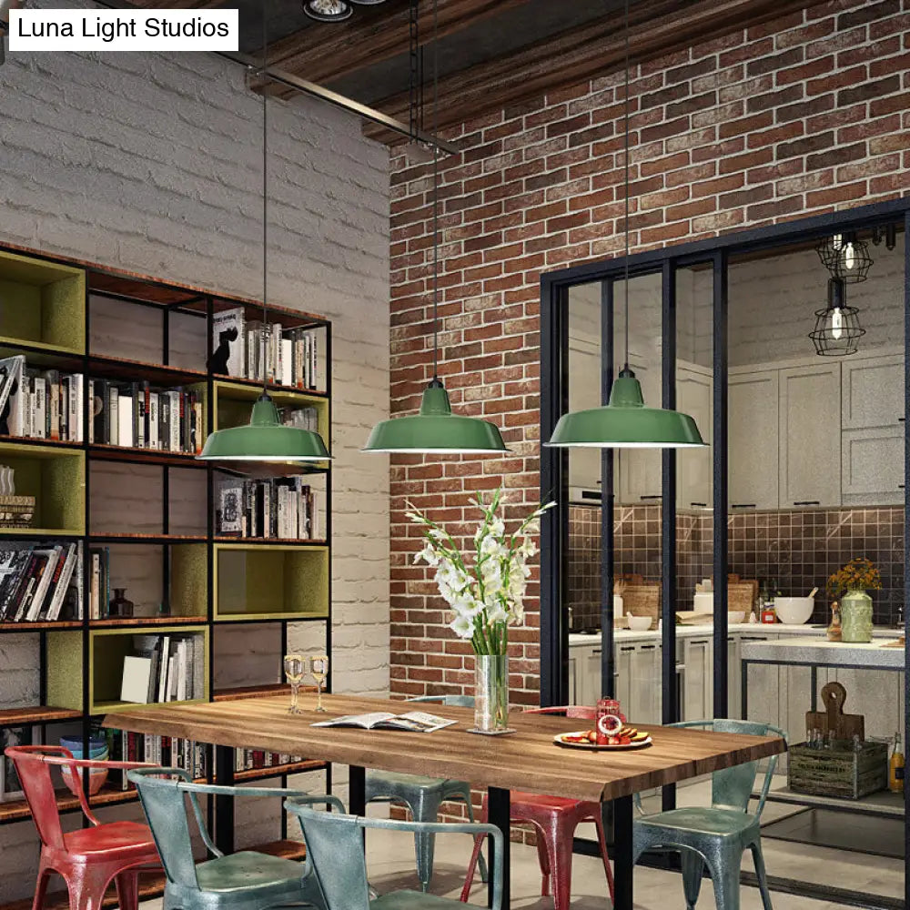 Green Barn Pendant Lamp - Loft Style Metal 1-Bulb Suspension Light For Dining Room