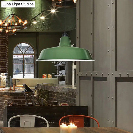 Barn Shaped Pendant Lamp: Green Finish Loft Style Metal 1 Bulb Dining Room Suspension Light