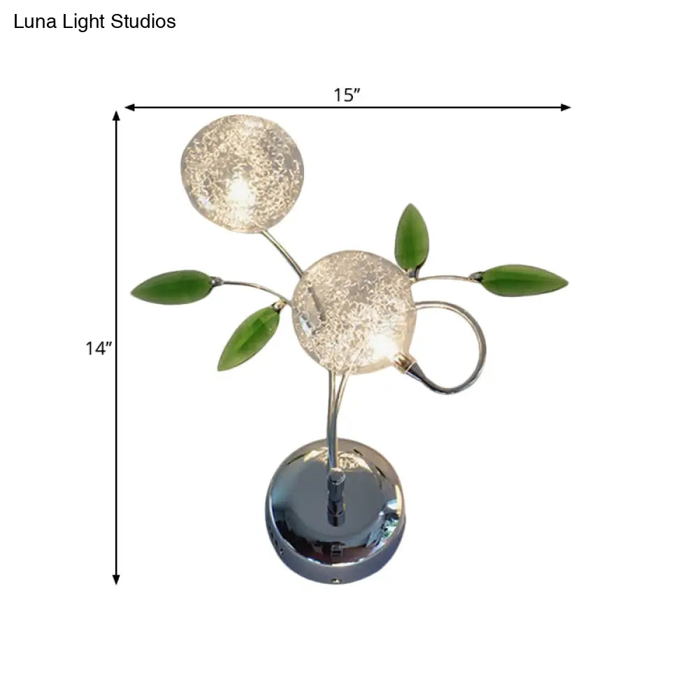 Green Crystal Leaf Wall Mount Lamp With Class Glass Shade - Bedside Lighting Solution In Chrome