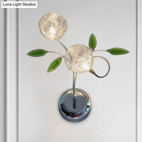 Green Crystal Leaf Wall Mount Lamp With Class Glass Shade - Bedside Lighting Solution In Chrome