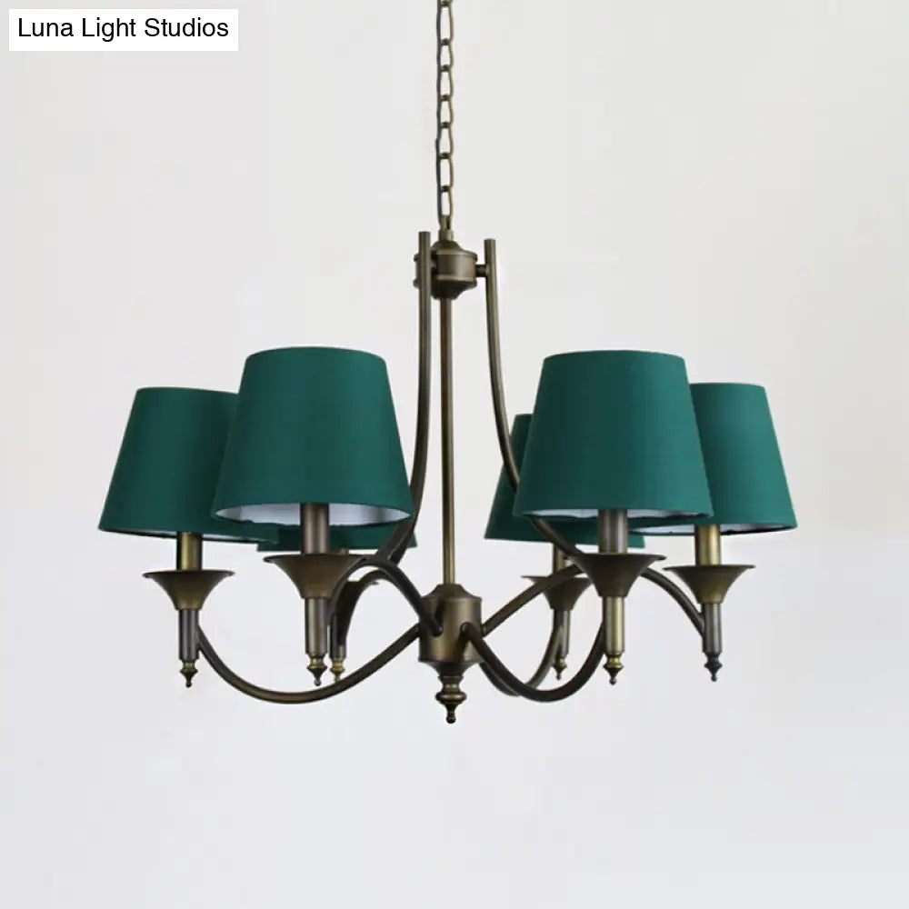 Green Fabric Chandelier: Conical Pendant Light For Dining Room With 6 Countryside-Inspired Heads