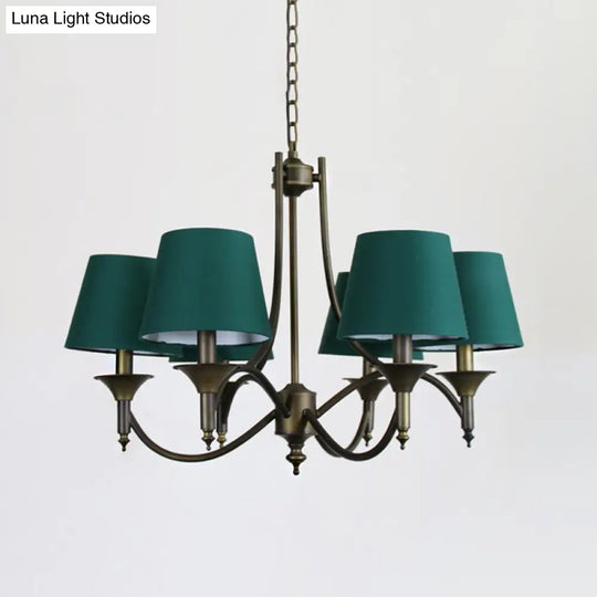 Green Fabric Chandelier: Conical Pendant Light For Dining Room With 6 Countryside-Inspired Heads
