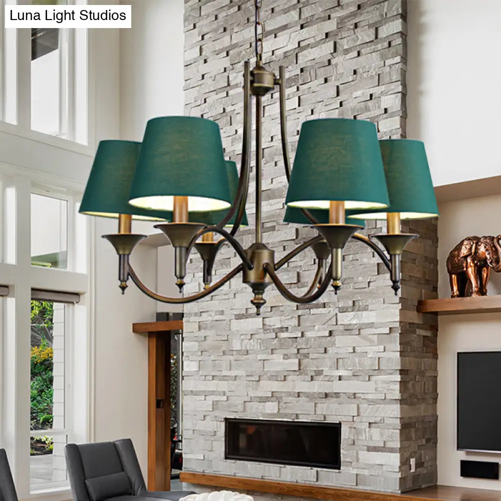 Green Fabric Chandelier: Conical Pendant Light For Dining Room With 6 Countryside-Inspired Heads