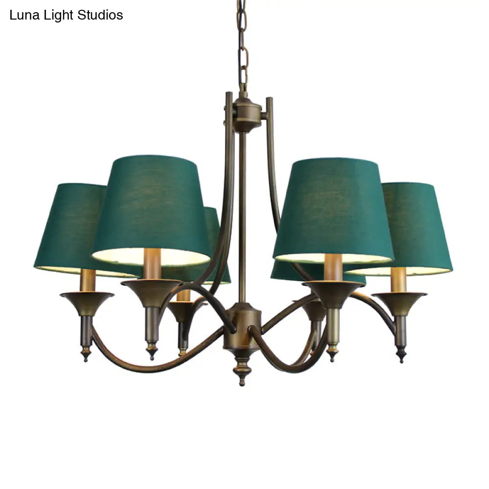 Green Fabric Chandelier: Conical Pendant Light For Dining Room With 6 Countryside-Inspired Heads