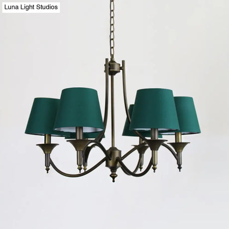 Green Fabric Chandelier: Conical Pendant Light For Dining Room With 6 Countryside-Inspired Heads