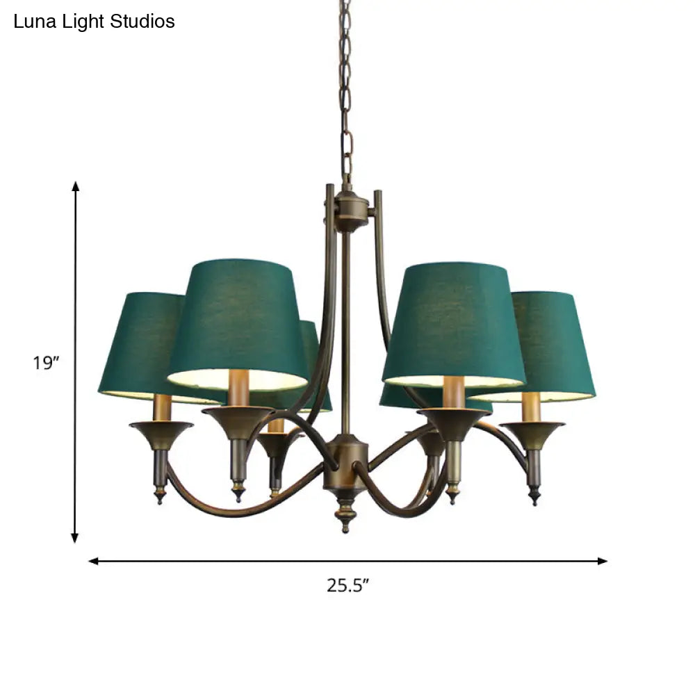 Green Fabric Chandelier: Conical Pendant Light For Dining Room With 6 Countryside-Inspired Heads
