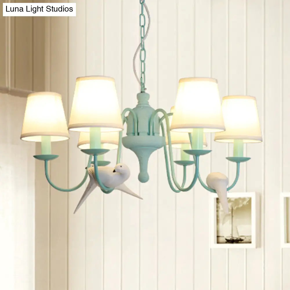 Green Fabric Tapered Shade Chandelier: Vivid Bird Design 6 Lights - Contemporary Hanging Light