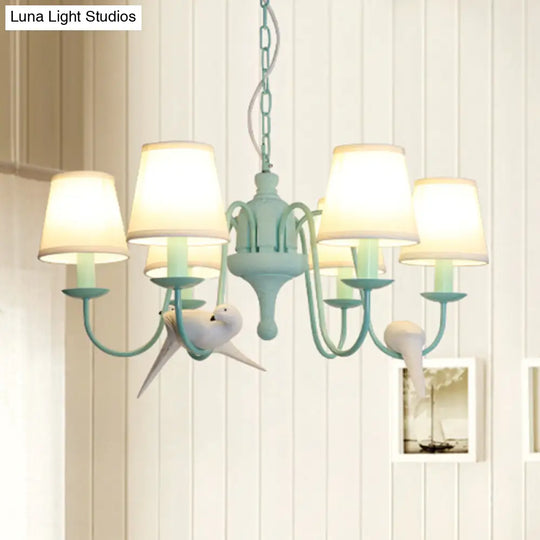 Green Fabric Tapered Shade Chandelier: Vivid Bird Design 6 Lights - Contemporary Hanging Light